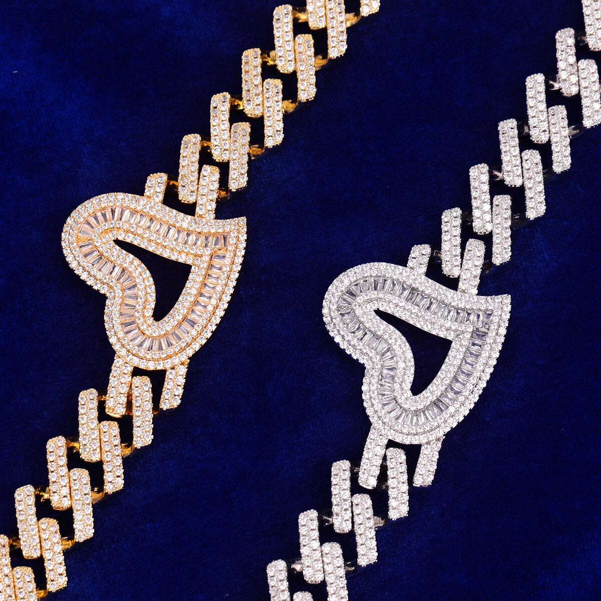 Ladies Iced Baguette Custom Heart Hip Hop Cuban Link Chain Necklace