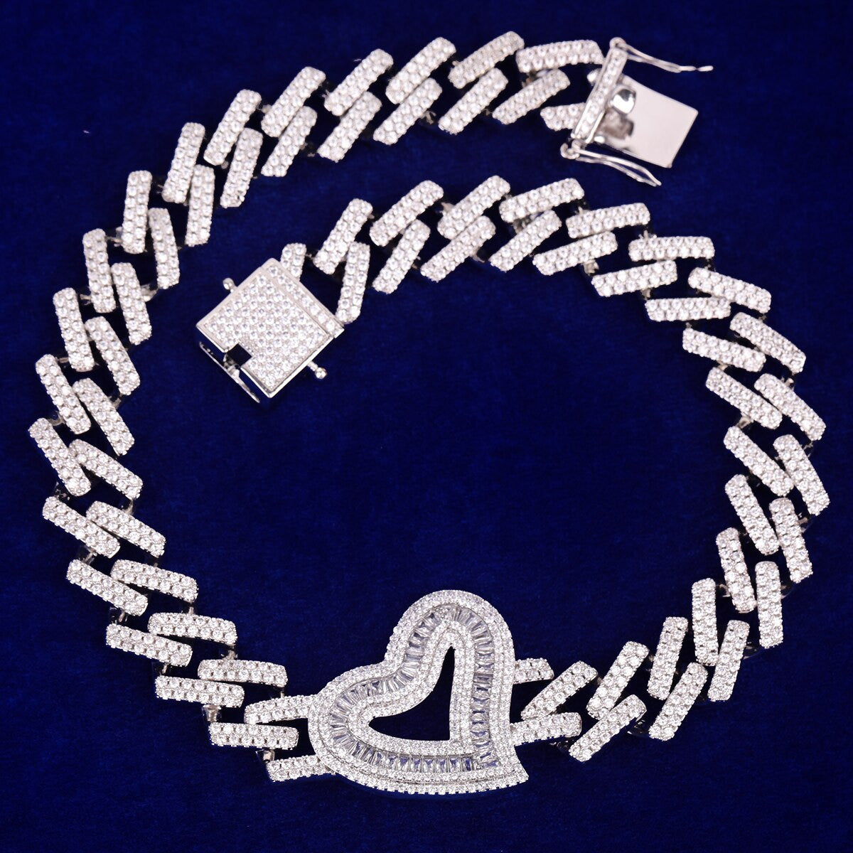 Ladies Iced Baguette Custom Heart Hip Hop Cuban Link Chain Necklace