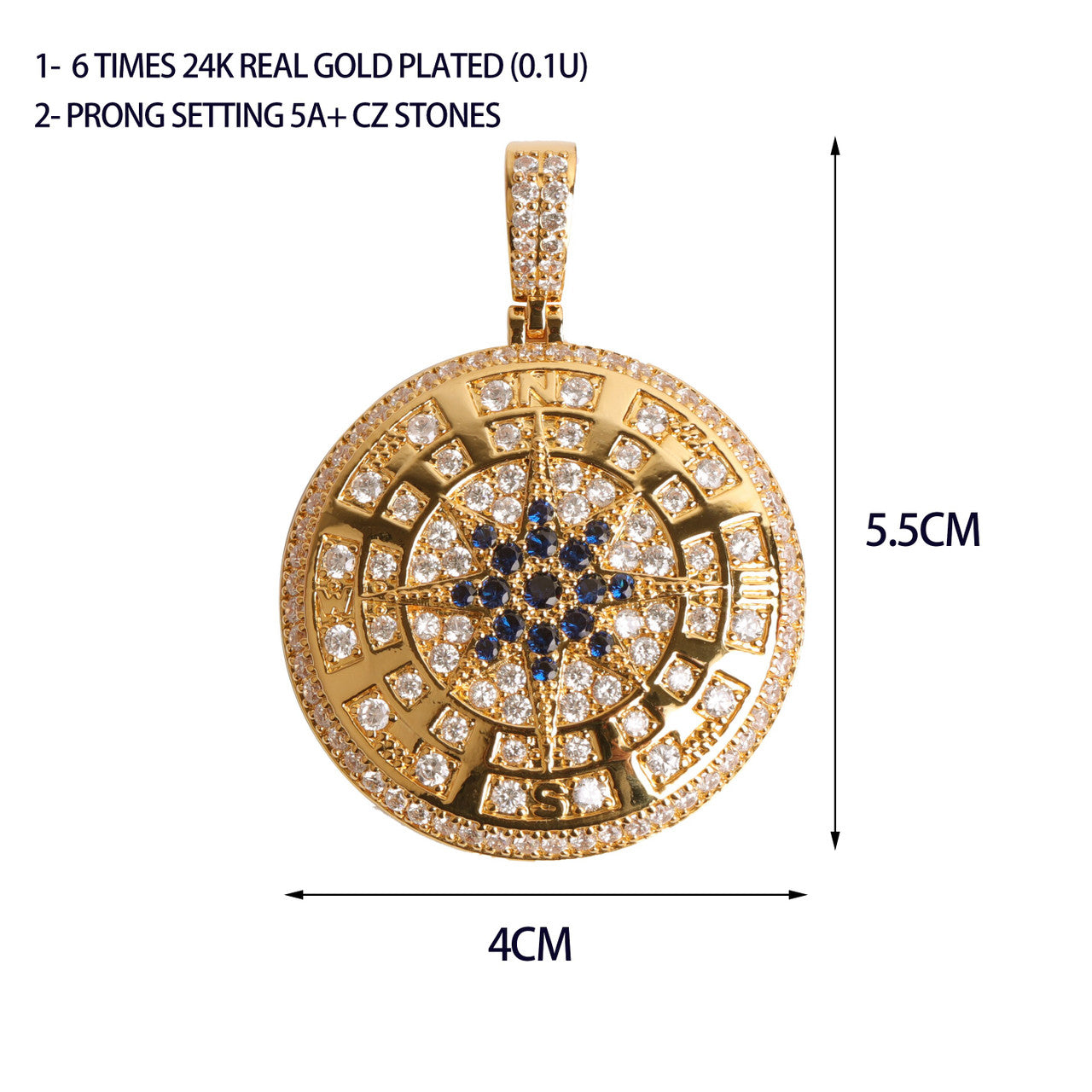 24k Gold 925 Silver Compass Blinged Out Superfly Hip Hop Pendant