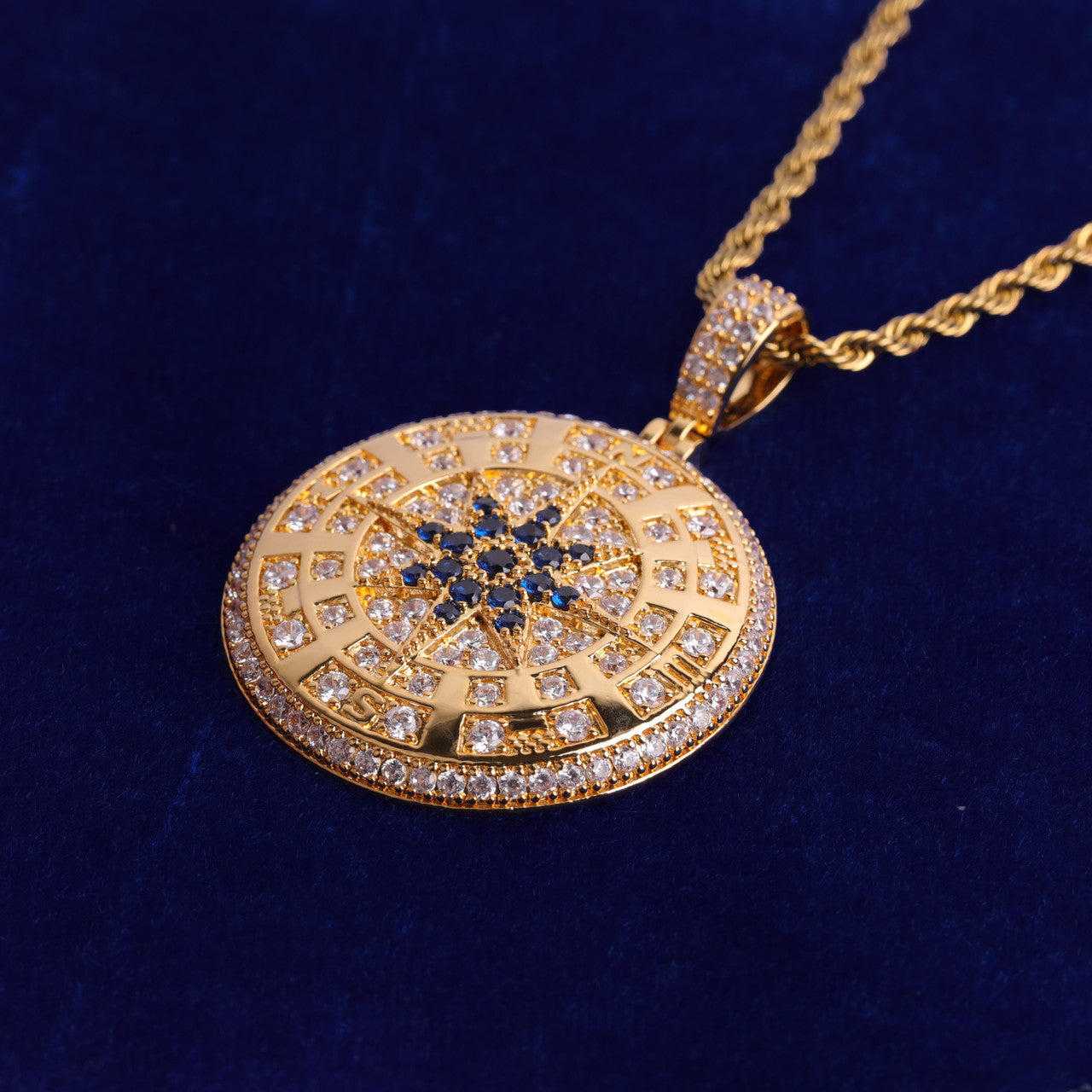 24k Gold 925 Silver Compass Blinged Out Superfly Hip Hop Pendant