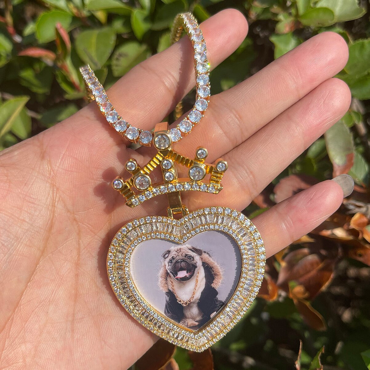 Baguette Iced Blinged Out My Queen Heart Photo Picture Pendant Chain Necklace
