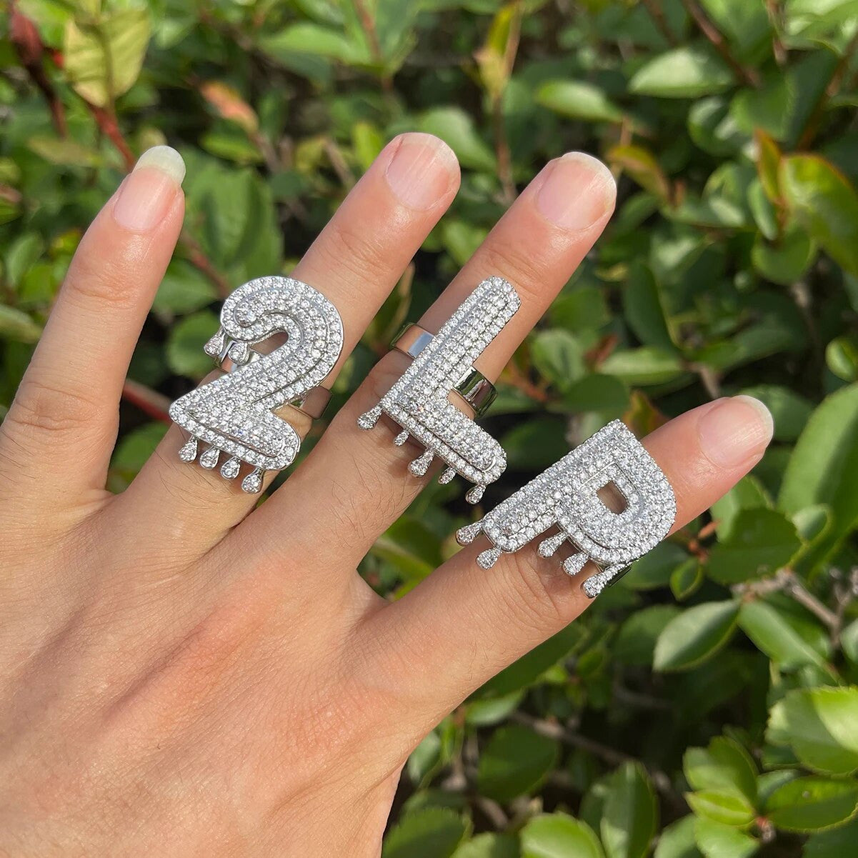 Dripped Ice | Custom Initial Letter Prong Set Stone Adjustable Rings