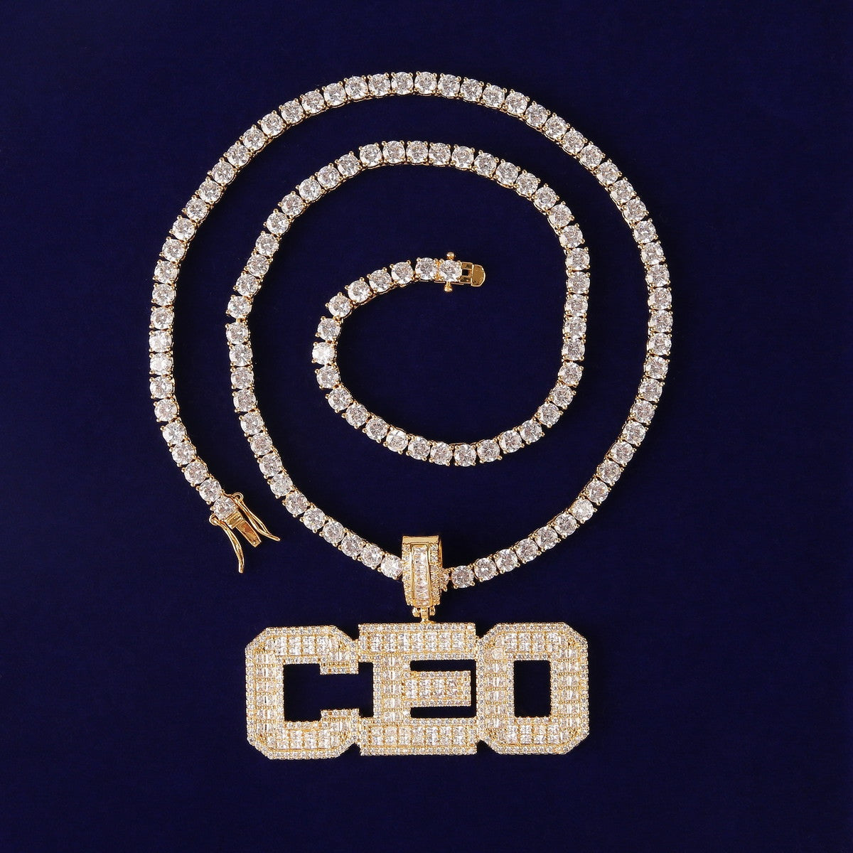 Mens Flooded Ice 24k Gold 925 Silver Baguette Hip Hop Custom Made Pendant Chain Necklace