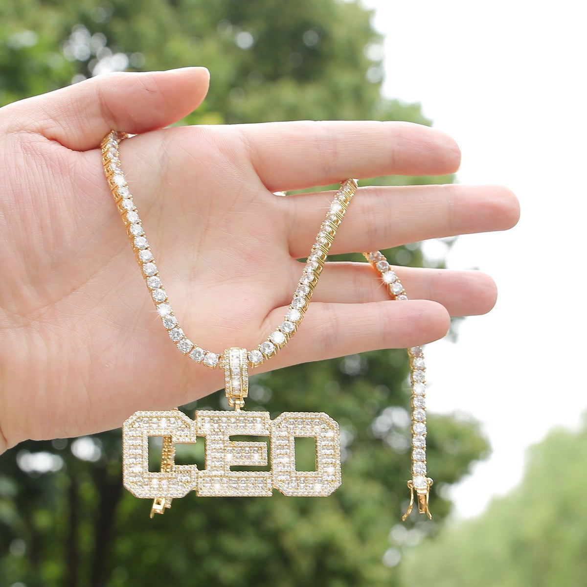 Mens Flooded Ice 24k Gold 925 Silver Baguette Hip Hop Custom Made Pendant Chain Necklace