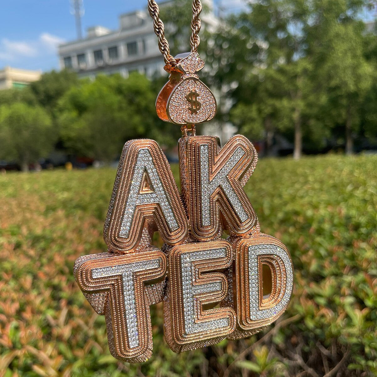 Blinged Out 70's 3D Styling Money Bag Hip Hop Name Plate Pendant