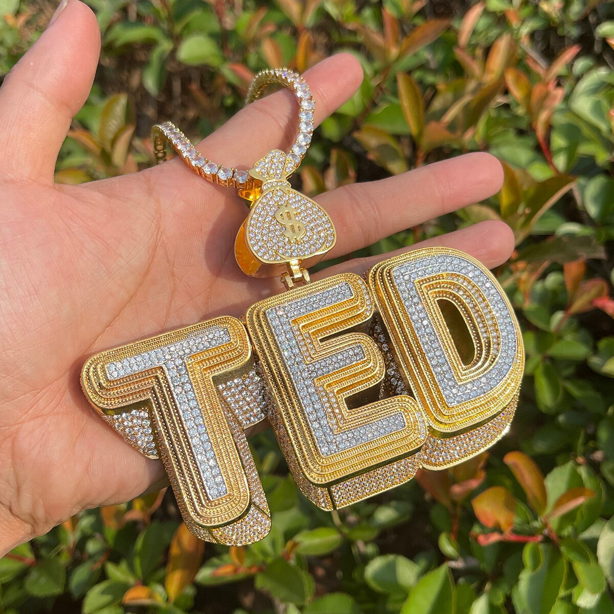 Blinged Out 70's 3D Styling Money Bag Hip Hop Name Plate Pendant