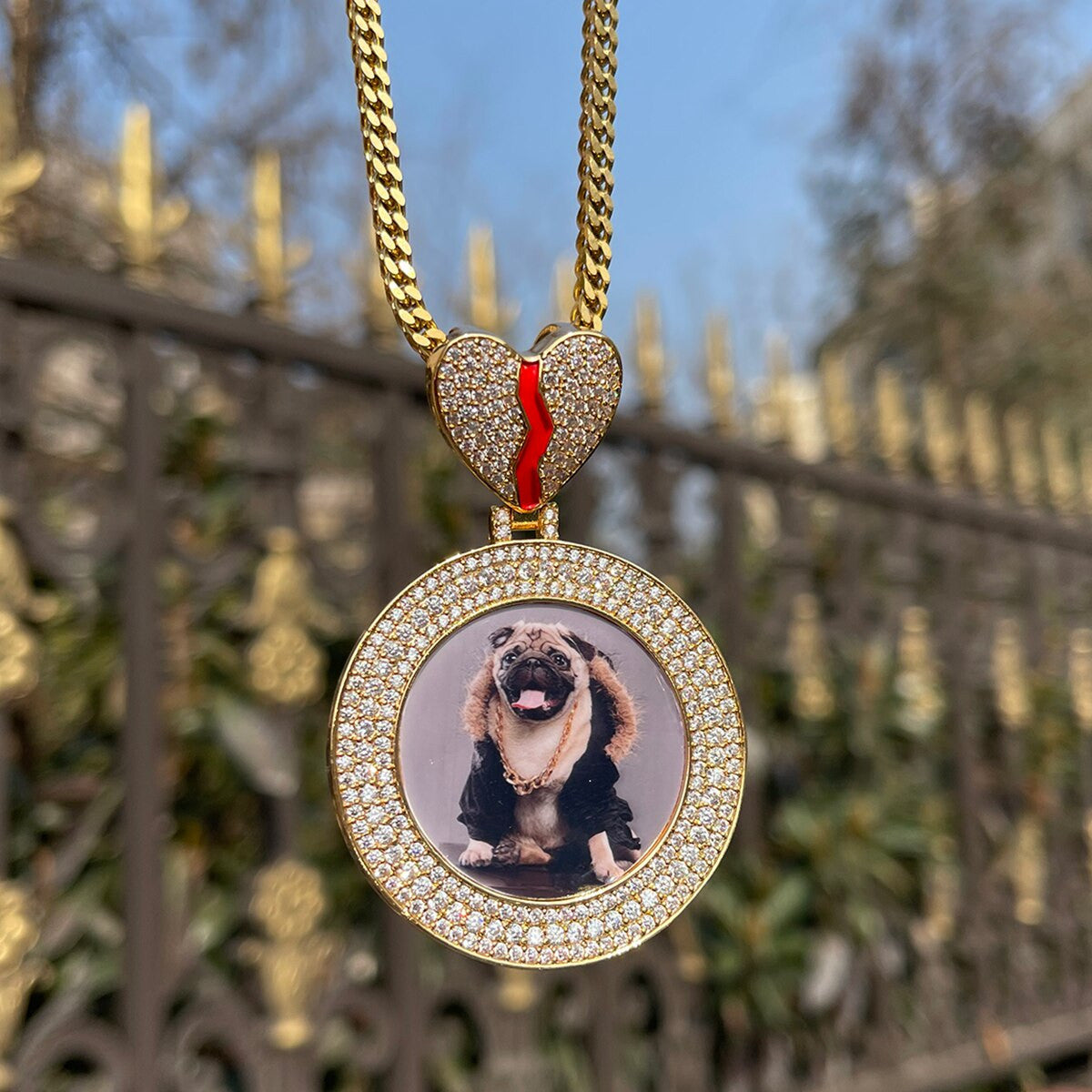 Broken Heart Triple Row Flooded Ice Custom Photo Pendant Hip Hop Chain