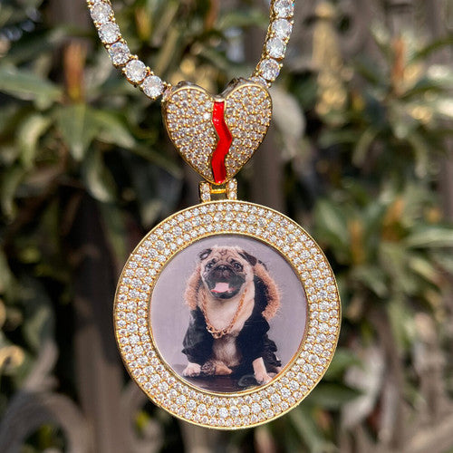 Broken Heart Triple Row Flooded Ice Custom Photo Pendant Hip Hop Chain