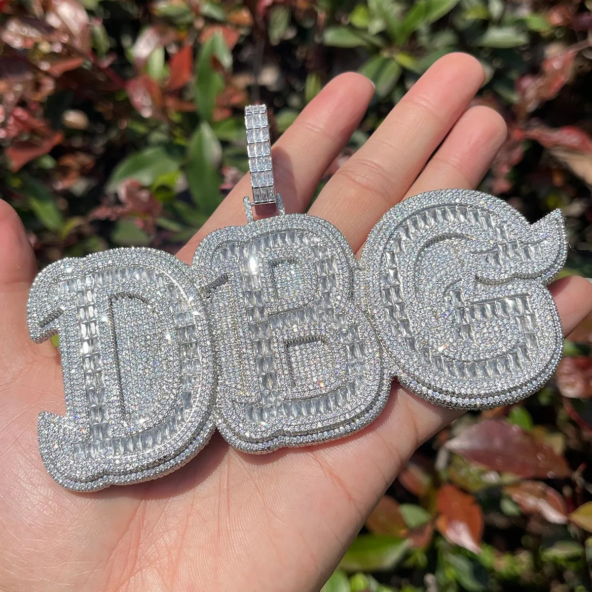 Baguette Crushed Ice Solid Base Custom Made Name Plate Hip Hop Pendant Necklace