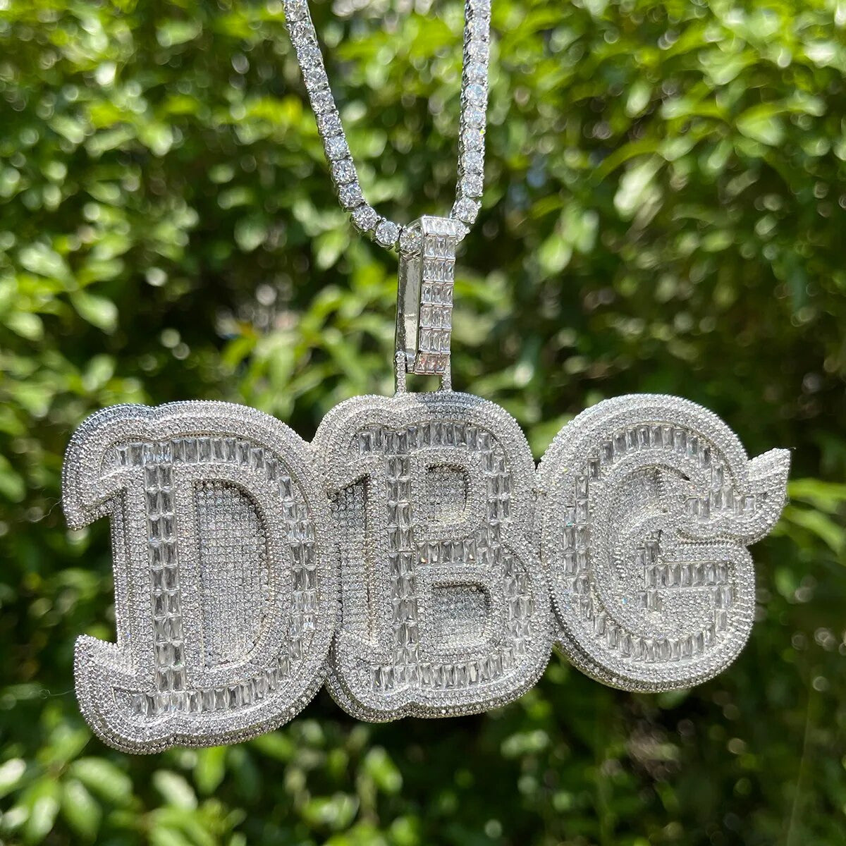 Baguette Crushed Ice Solid Base Custom Made Name Plate Hip Hop Pendant Necklace