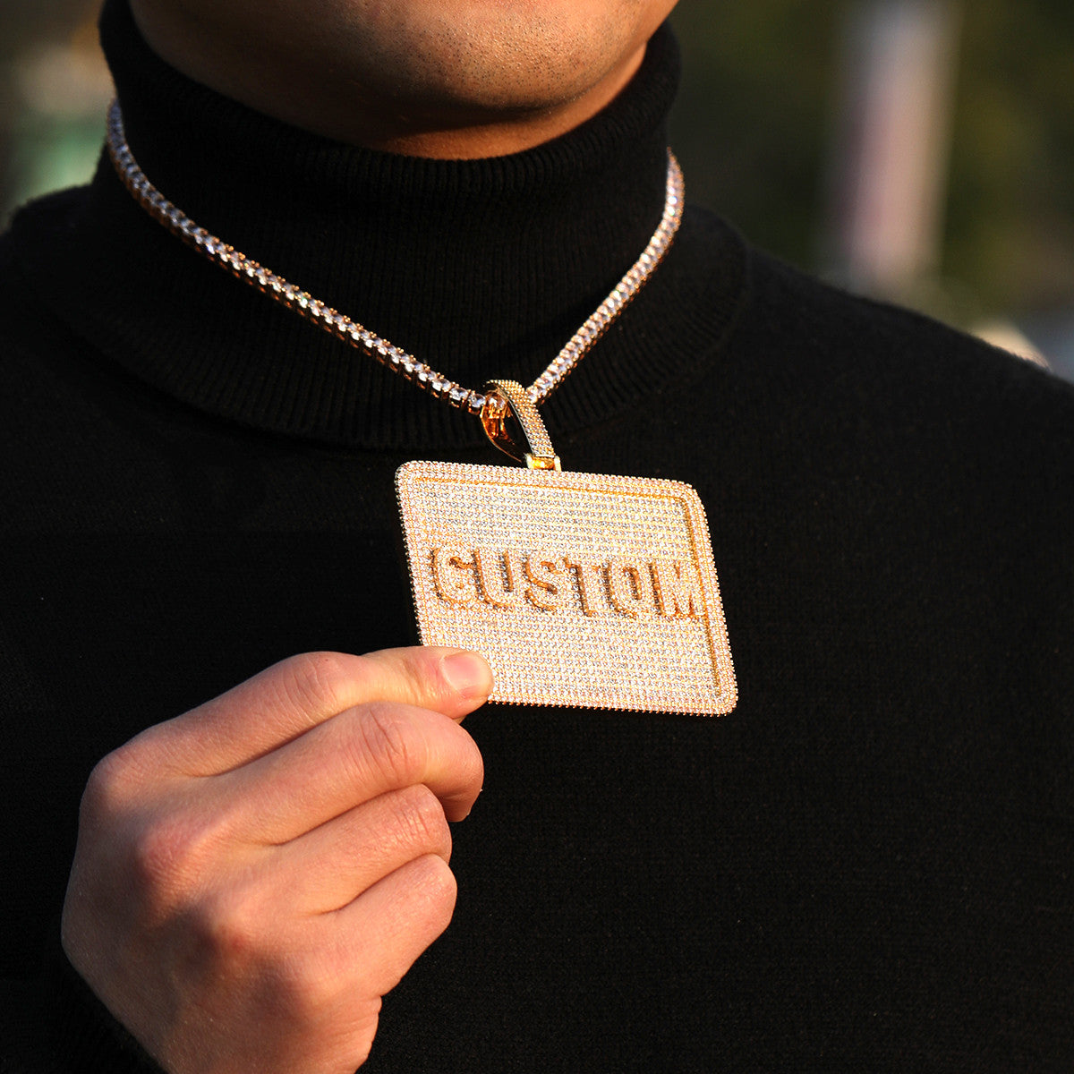 24k Yellow 14k White Gold 5A Stone Custom Made Name Plate Hip Hop Pendant Chain