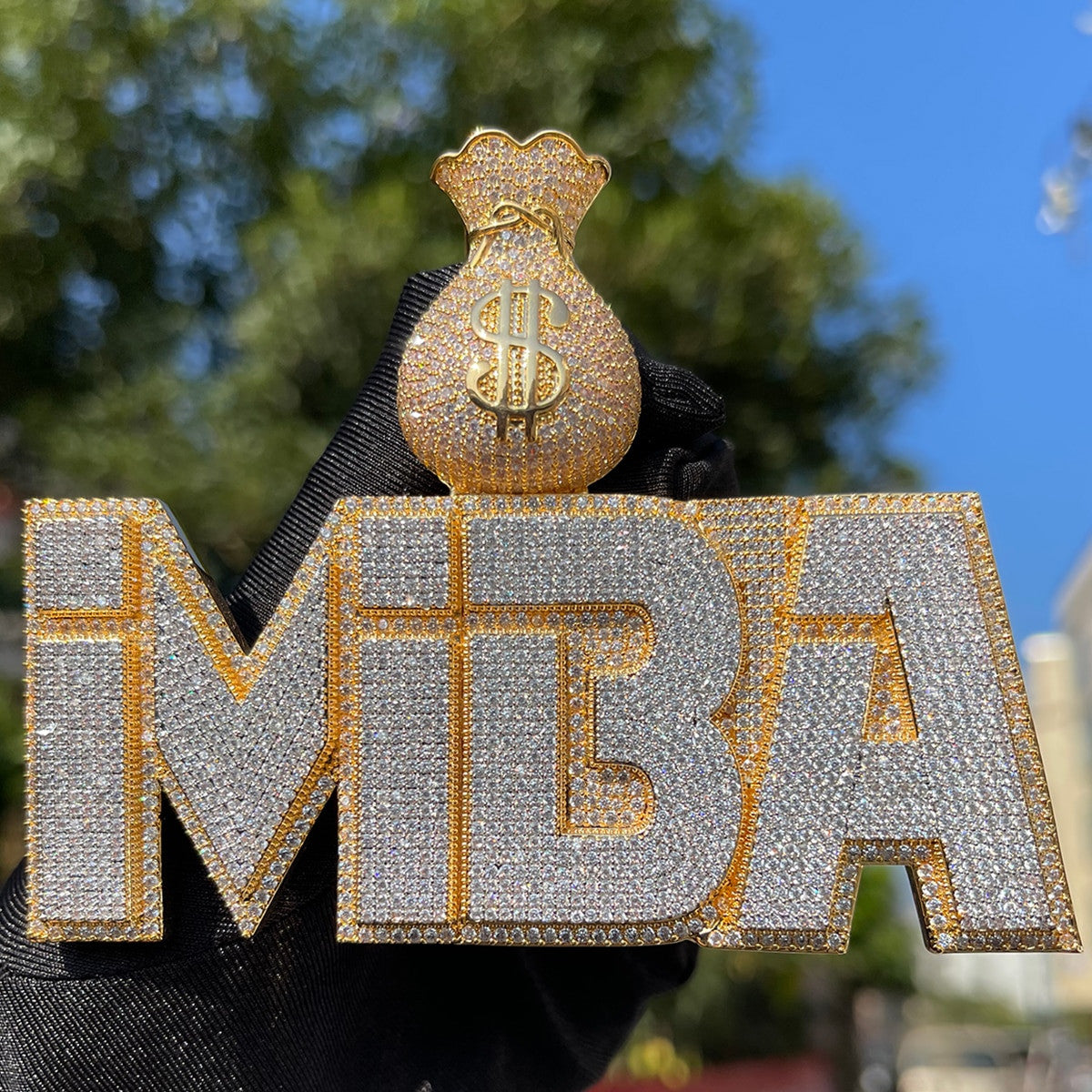 Mens Flooded Ice Name Plate Two Tone Money Bag Custom Made Iced Pendants