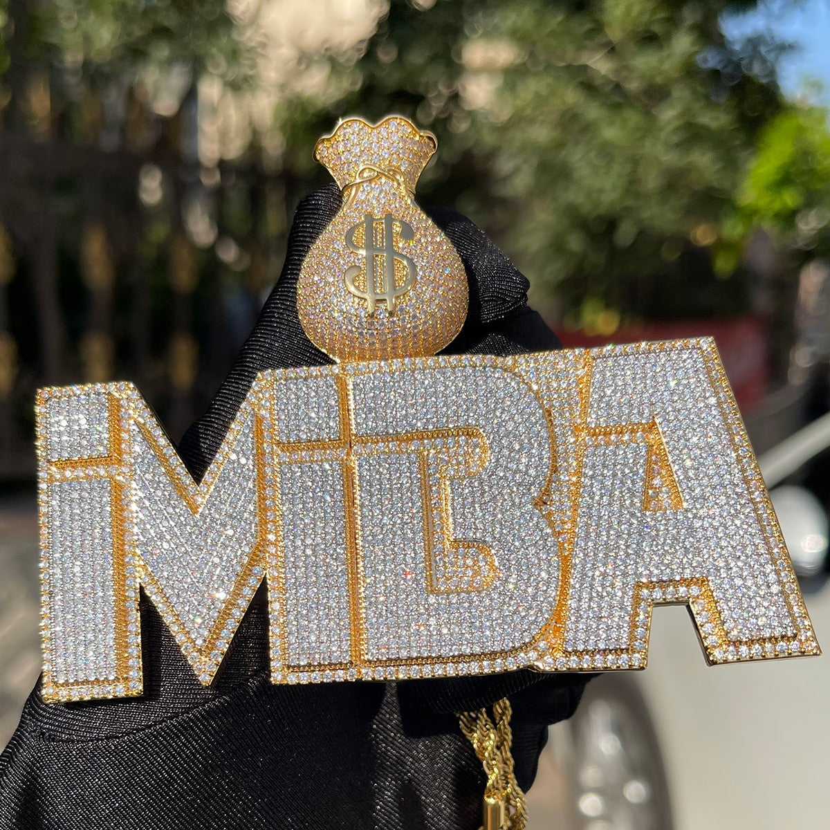 Mr. Money Bags | Flooded Ice Name Plate Custom Made Iced Blinged Out Pendant