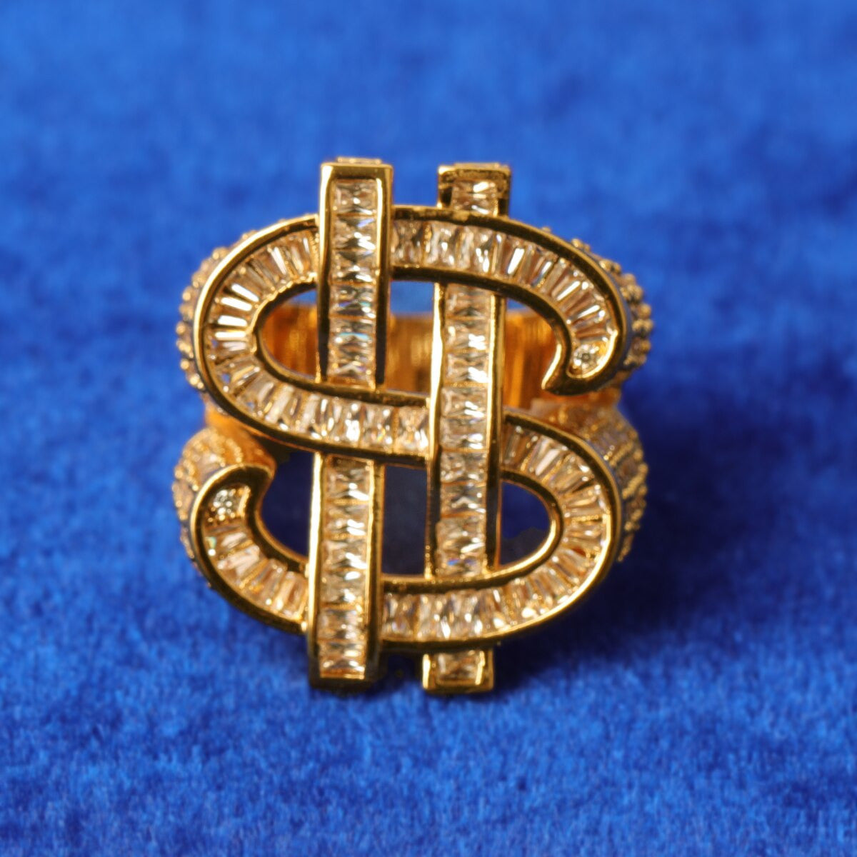 Men's Dollar Sign $ Ring - Solid 925 Sterling Silver With 14k Yellow Gold Finish & Simulated Diamonds