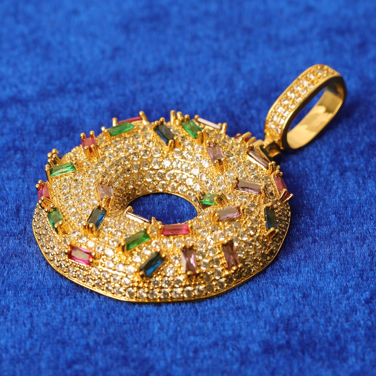 Flooded Ice Gemstone Sprinkles Donut Dough Nut Hip Hop Pendant Chain Necklace