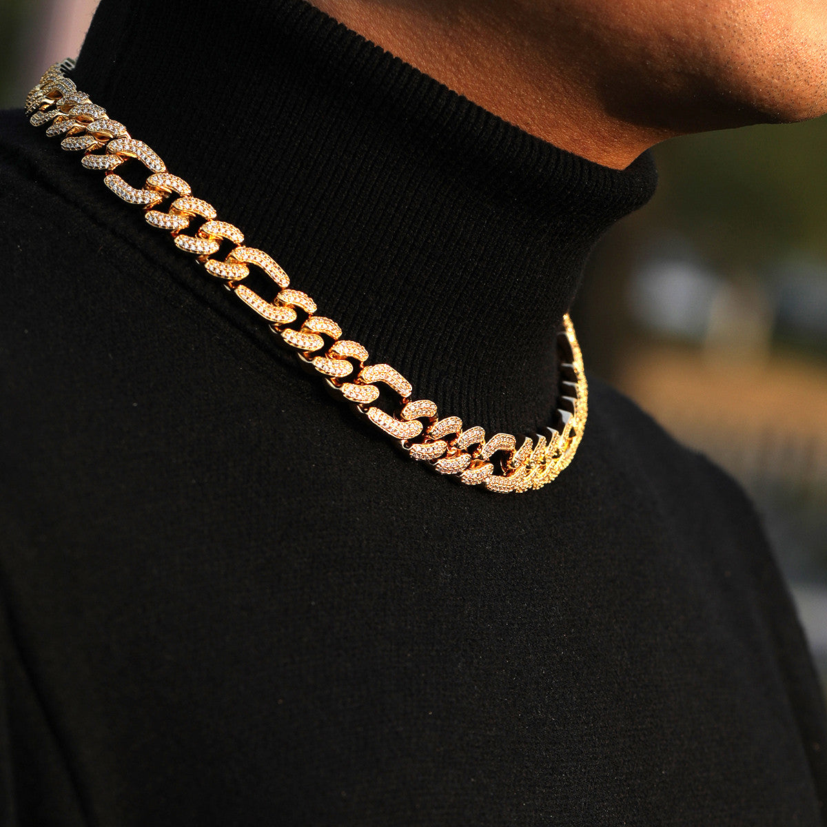 Mens Hip Hop 24k Gold 925 Silver Figaro Link Buss Down Chain Necklace