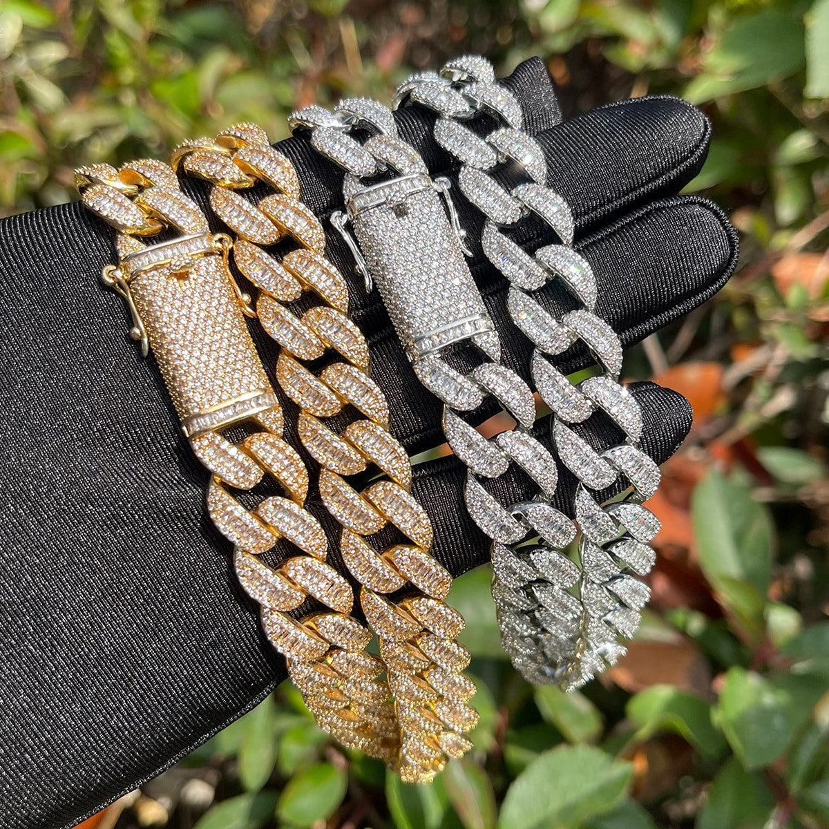 Mens 14mm 24k Gold 925 Silver Wide Cut Cubal Link Hip Hop Chain Necklace