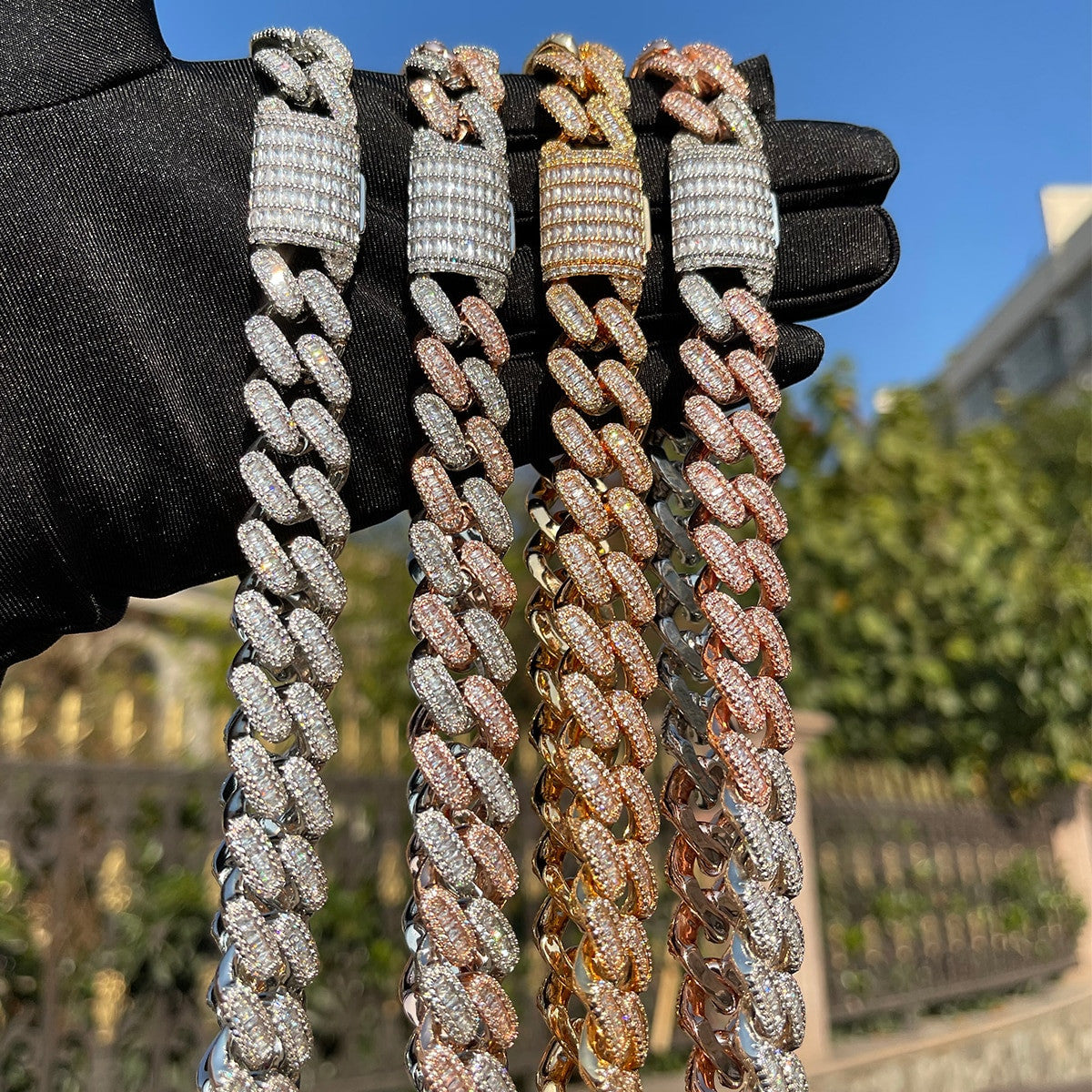 Mens 24k Gold 925 Silver Baguette Iced 15mm Miami Cuban Link Blinged Out Necklaces