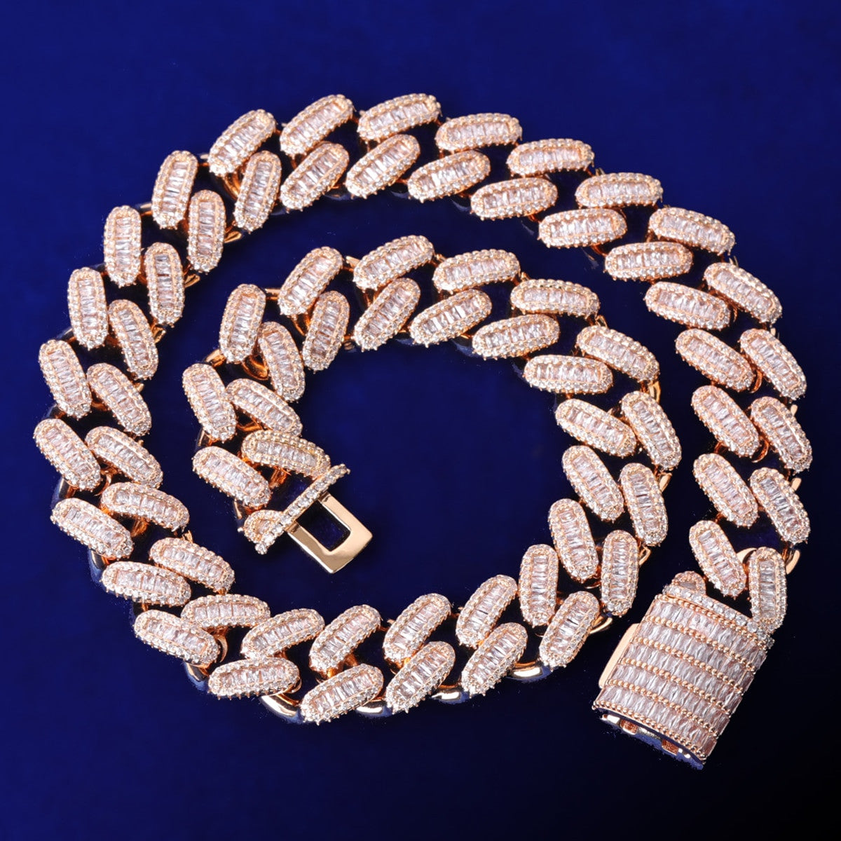 Mens 24k Gold 925 Silver Baguette Iced 15mm Miami Cuban Link Blinged Out Necklaces