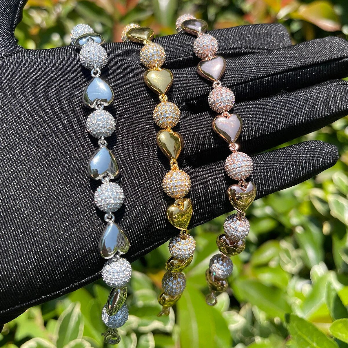 Ladies Prong Set Classic Heart 24k 925 Silver Rose Gold Ball Link Necklace