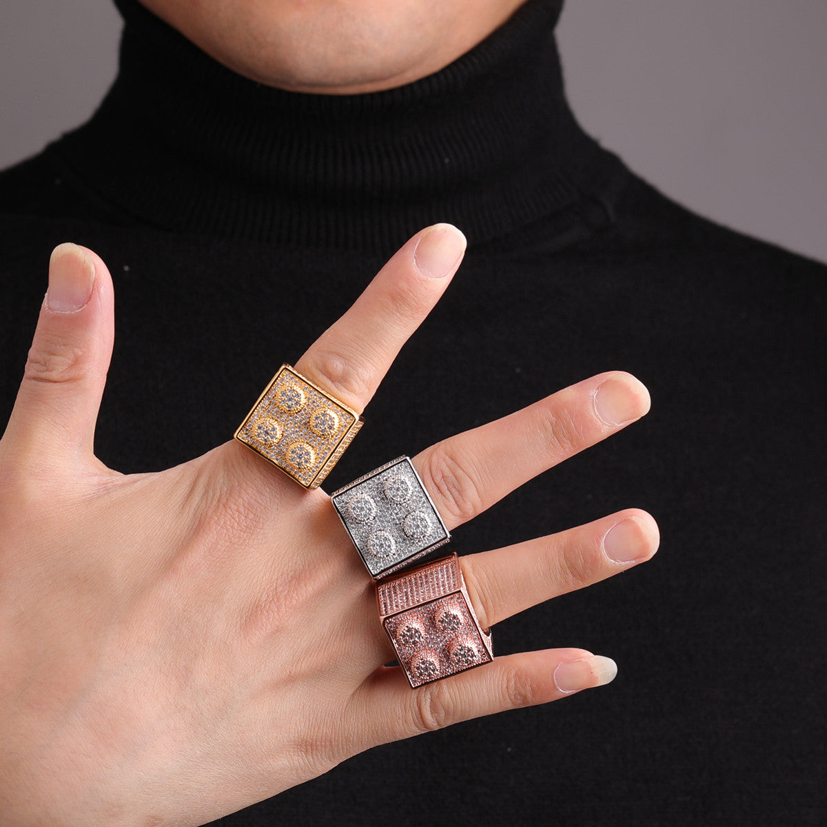 Block Boy | Mens Iced Blinged Out Prong Set Studded Hip Hop Rings