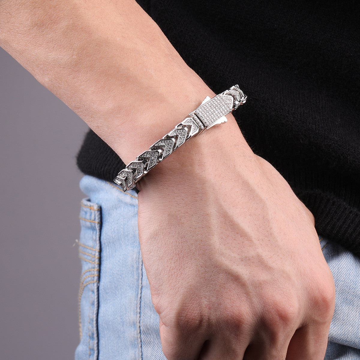 The Infamous | Mens Iced Prong Set White Gold Thick Franco Link Hip Hop Bracelets