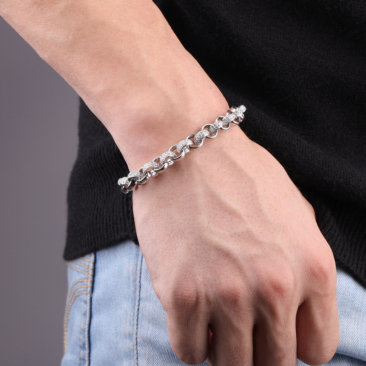 Mens 9mm Prong Set Flooded Ice Star Studded Big Boy Rolo Link Hip Hop Bracelets