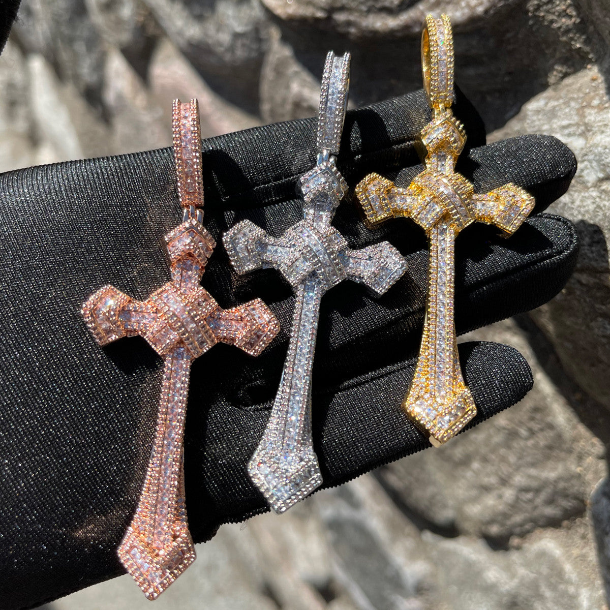 Mens Frozen Ice 24k Gold 925 Silver Baguette Ribbon Cross Hip Hop Pendant Chain