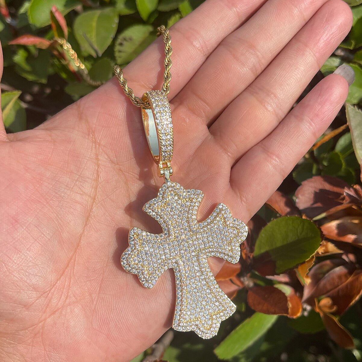 24k Fully Iced Blinged Out Templar Cross Hip Hop Pendant Chain Necklace