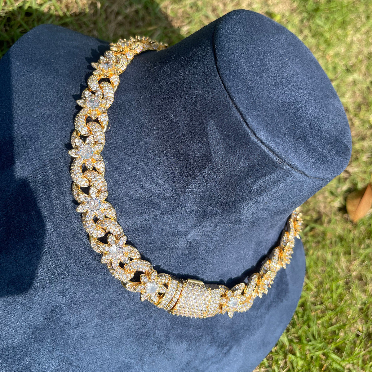 The Cuban Flower | Iced 24k Gold 925 Silver Sunflower Blinged Out Link Necklace