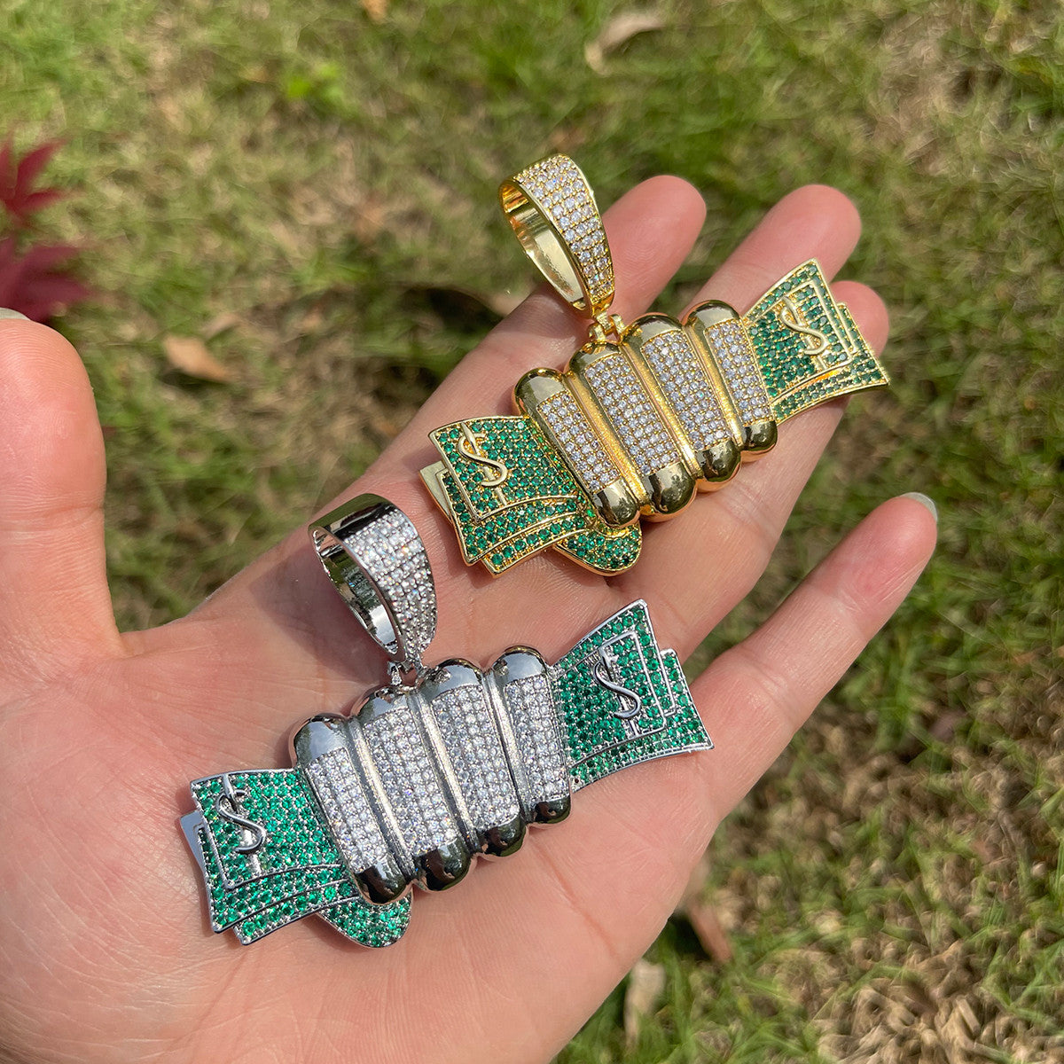 Fist Full Of Dollars Prong Set 24k Gold 925 Silver Hip Hop Pendant