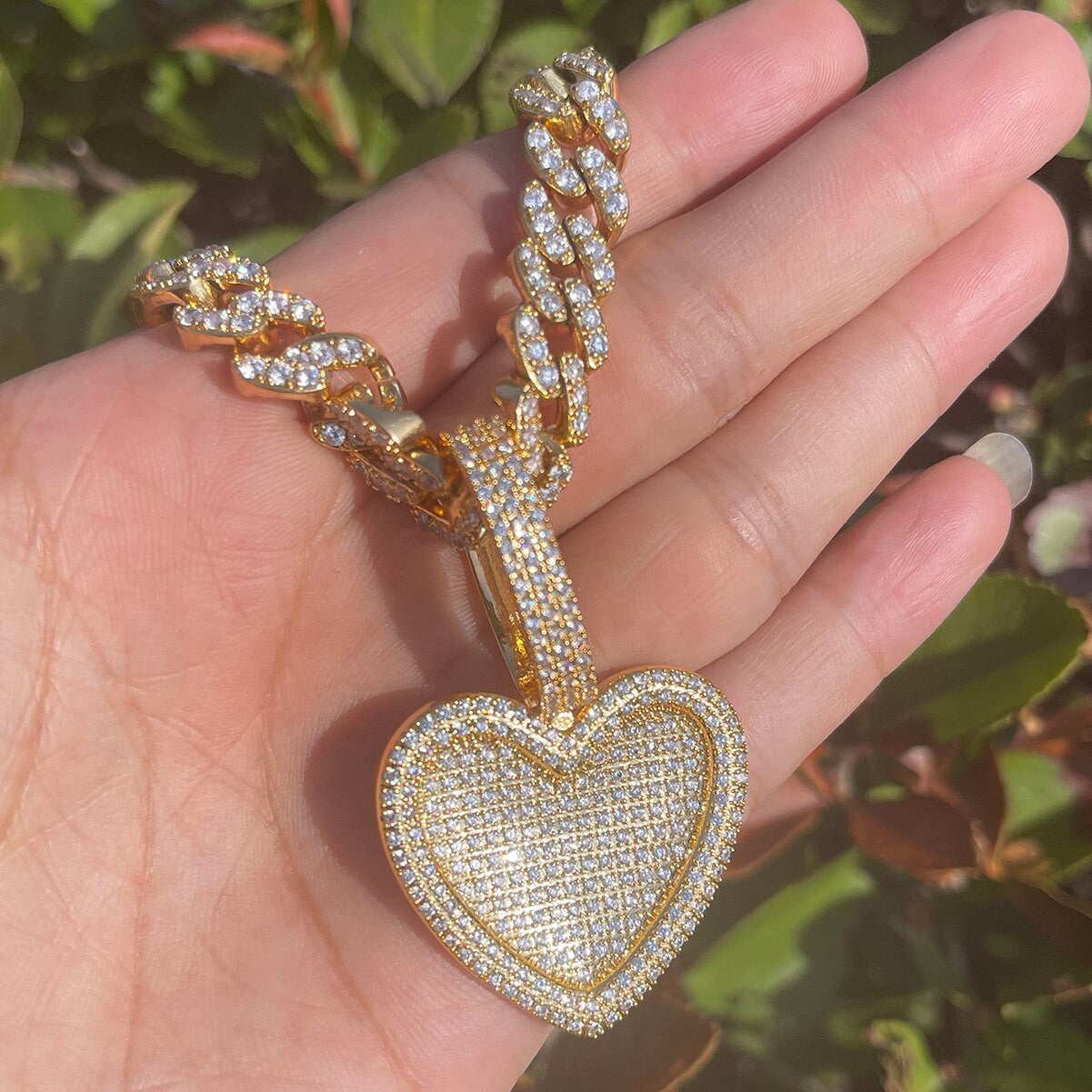 24k Gold 5A Diamond Simulated Prong Set Iced Blinged Out Heart Hip Hop Pendant