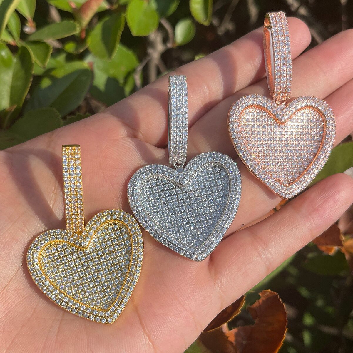 Iced Out Heart Necklace with heart pendant 16inch Iced Out Bling Can Be Opened Heart-shaped Photo Pendant  main image 3