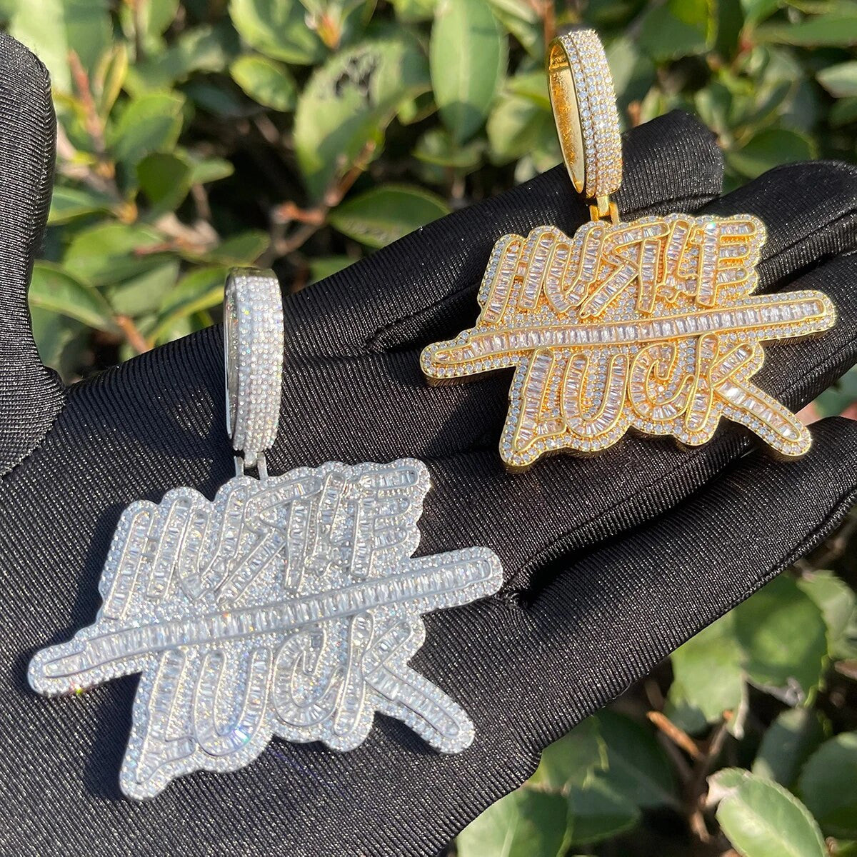 Hustle Over Luck | Hip Hop Name Plate VVS Diamond CZ Baguette Iced Pendant