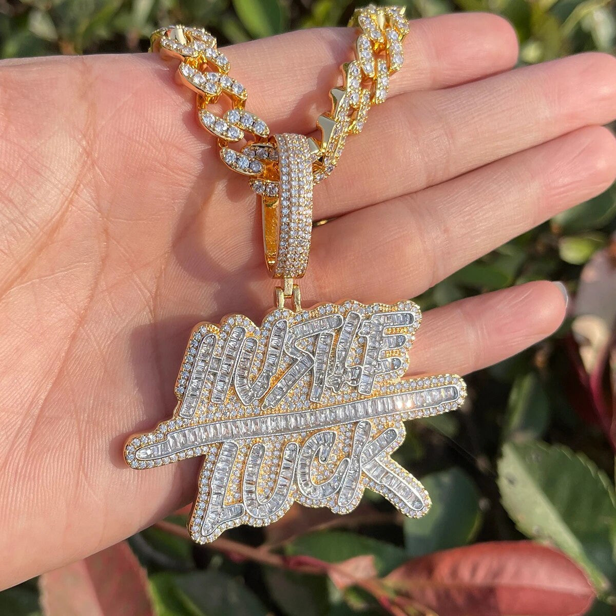 Hustle Over Luck | Hip Hop Name Plate VVS Diamond CZ Baguette Iced Pendant