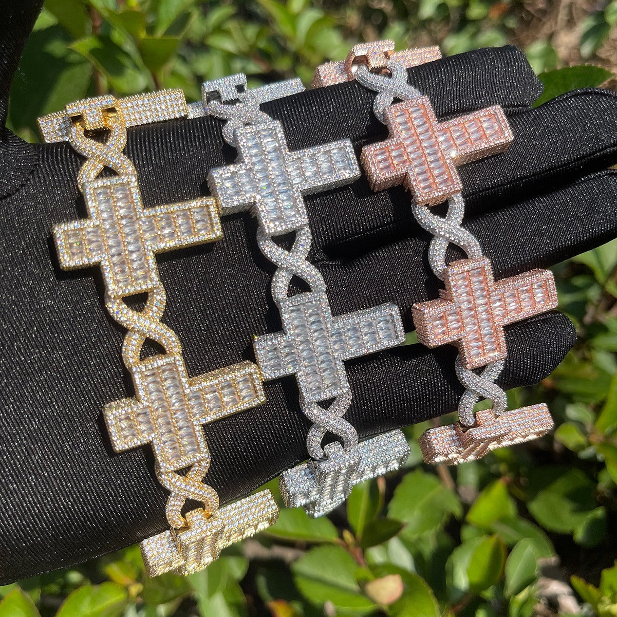 Flooded Ice Infinity Cross Baguette Link Hip Hop Pendant Chain Bracelet