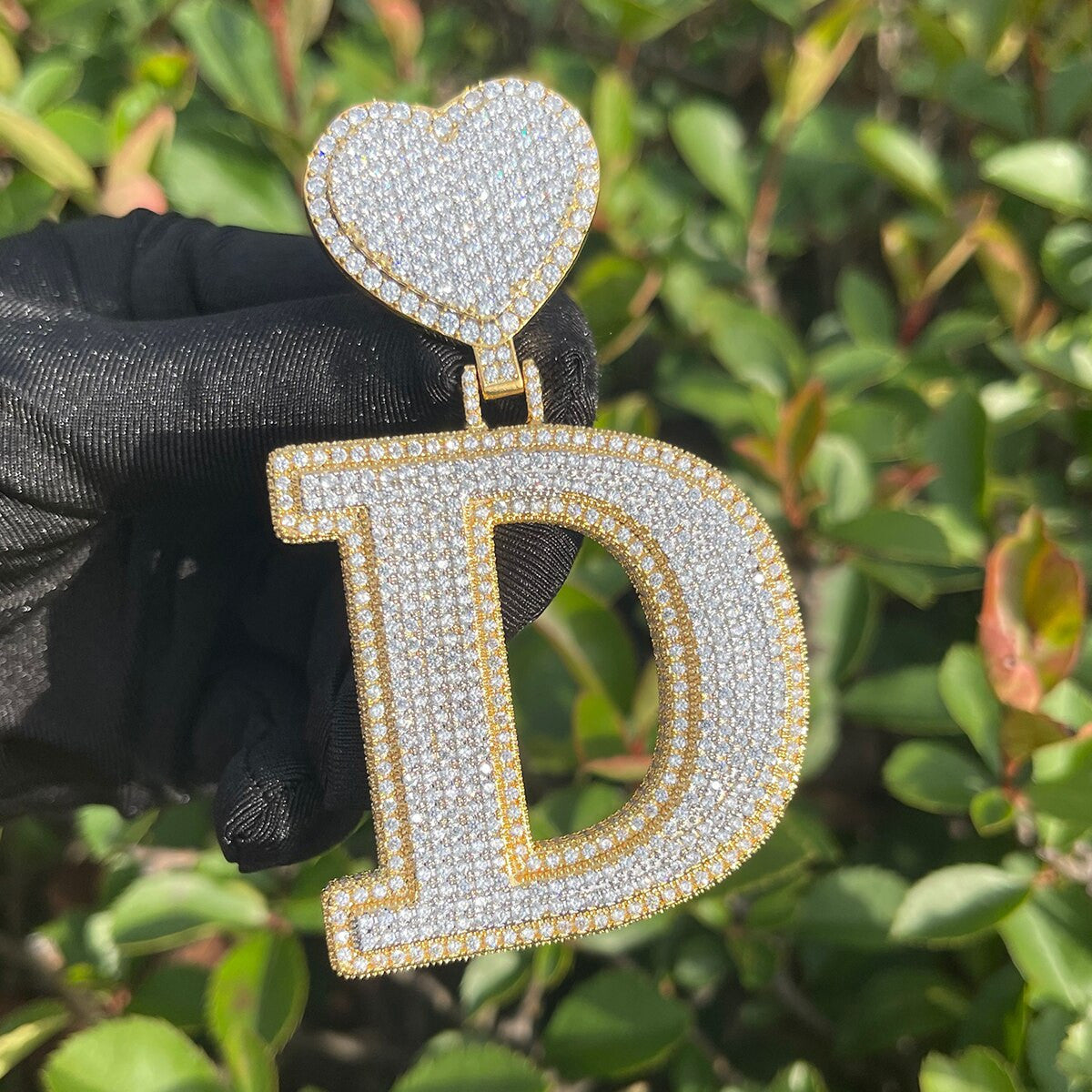 Heart Initial Iced Bling Out Custom Letter Two Tone 24k Gold Hip Hop Chain Necklace
