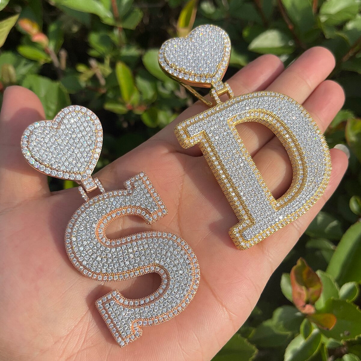 Heart Initial Iced Bling Out Custom Letter Two Tone 24k Gold Hip Hop Chain Necklace