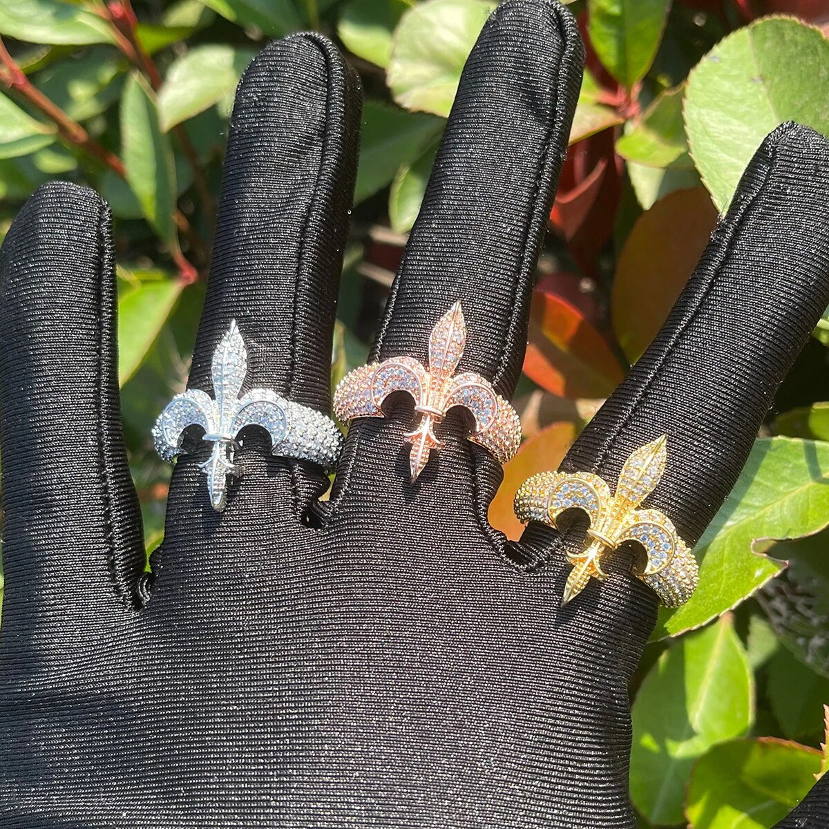 24k Gold 925 Silver Fleur De Lys Prong Set Hip Hop Street Wear Rings