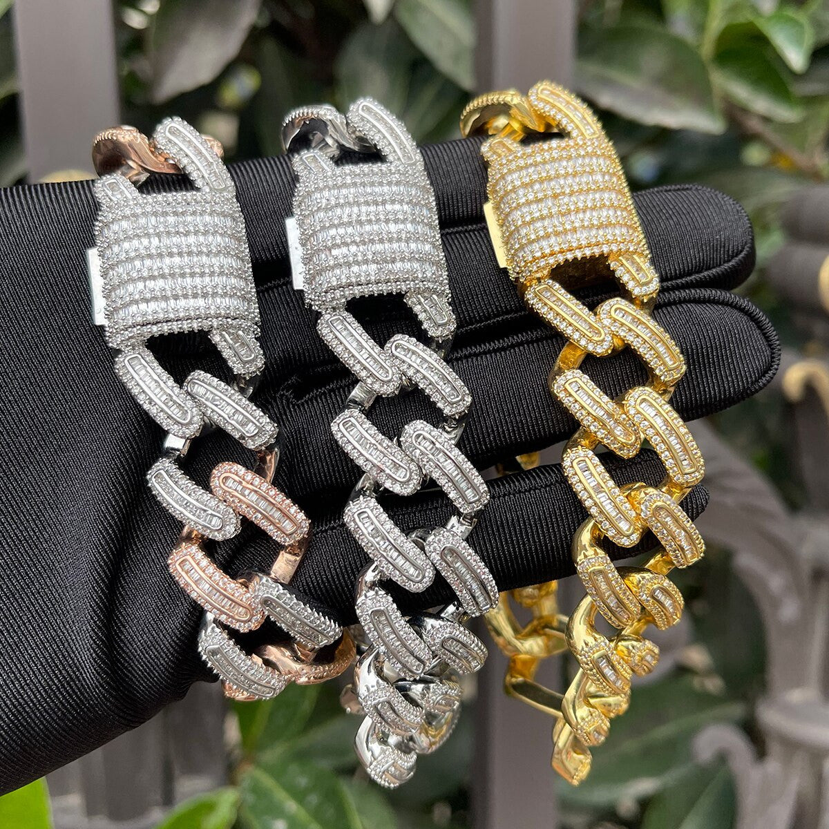 Rose Gold Iced Miami Cuban Link Hip Hop Street Wear Baguette Bracelets