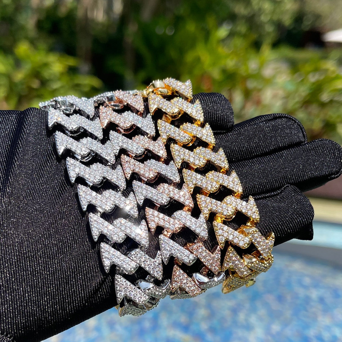 Designer Hip Hop Figaro Link Gold Silver Rose Bling Bracelets