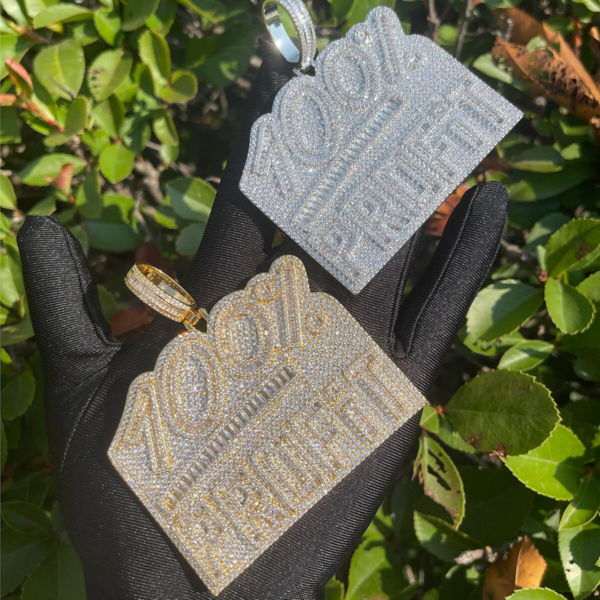 24k Gold 925 Silver Rose 100% Profit Name Plate Prong Set Flooded Ice Pendant