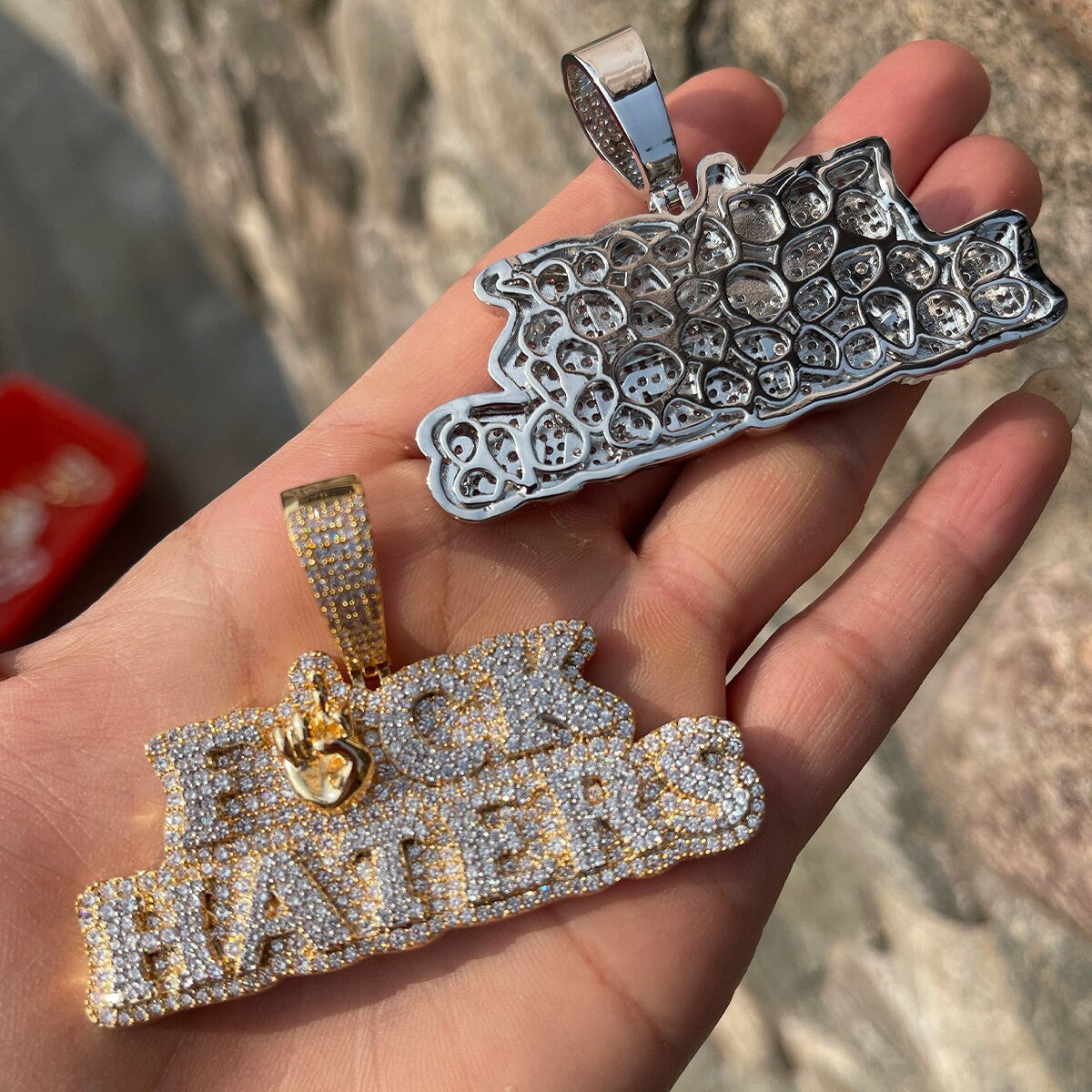 Iced Blinged Out Middle Finger To The Haters Hip Hop Chain Pendant Gold Silver Rose Gold