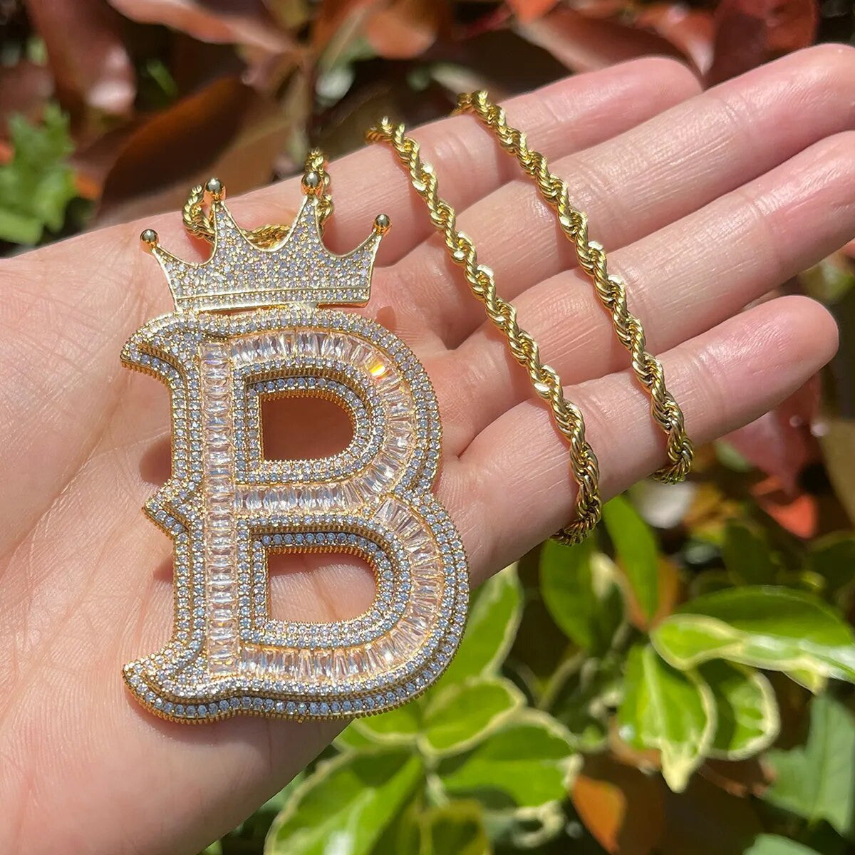 Baguette & Round Flooded Ice Stone Kings Crown Initial Letters Hip Hop Pendants