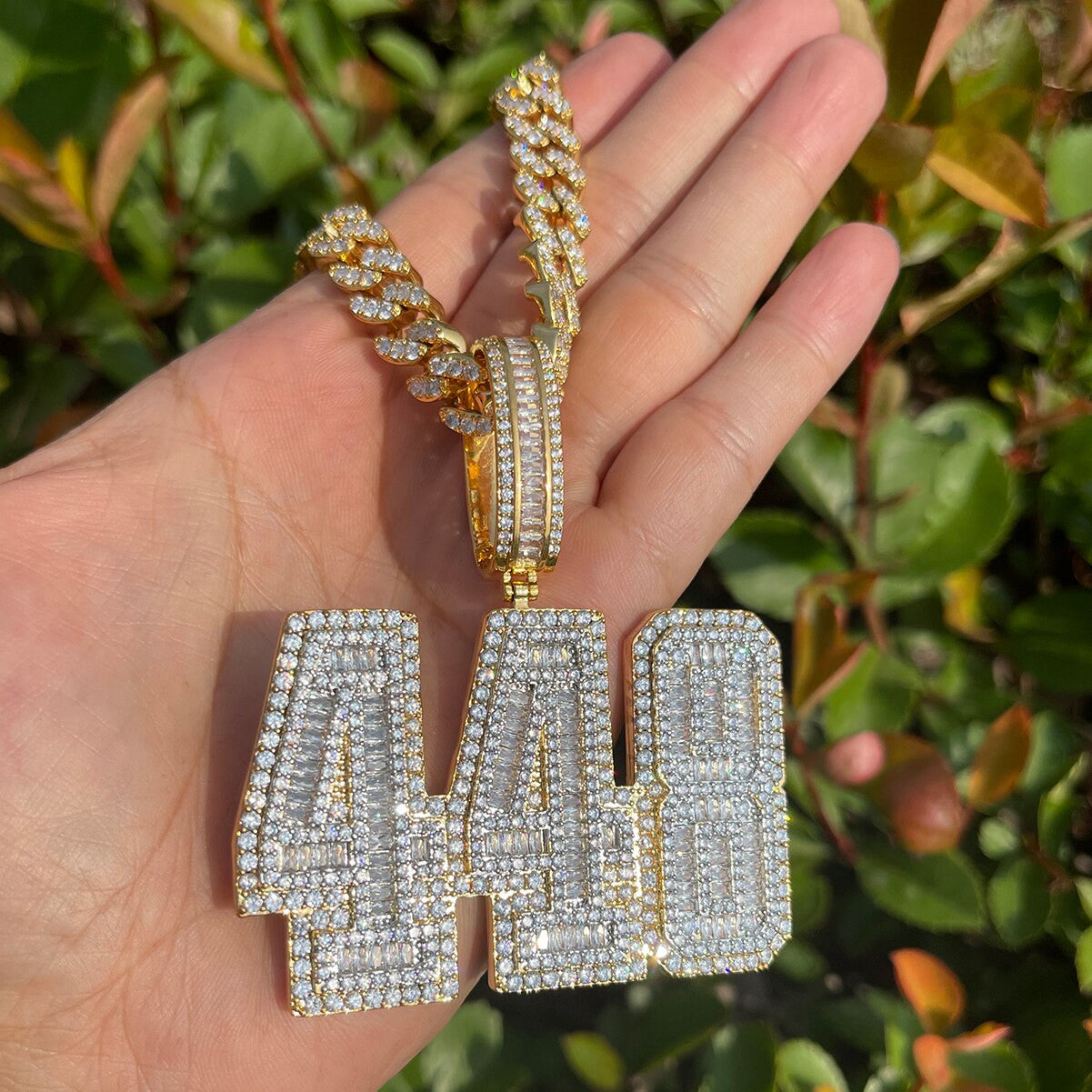 Mens Iced Bling Out Baguette 448 Number 24k Gold Plated Hip Hop Pendant