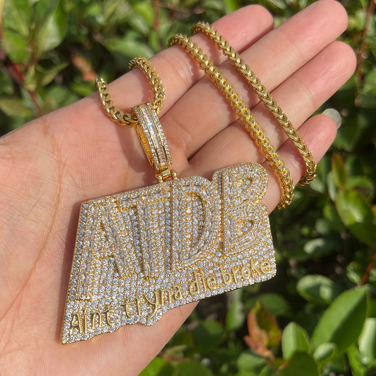 ATDB | Aint Tryna Die Broke Flooded Ice Hip Hop Name Plate VVS Diamond CZ Pendant