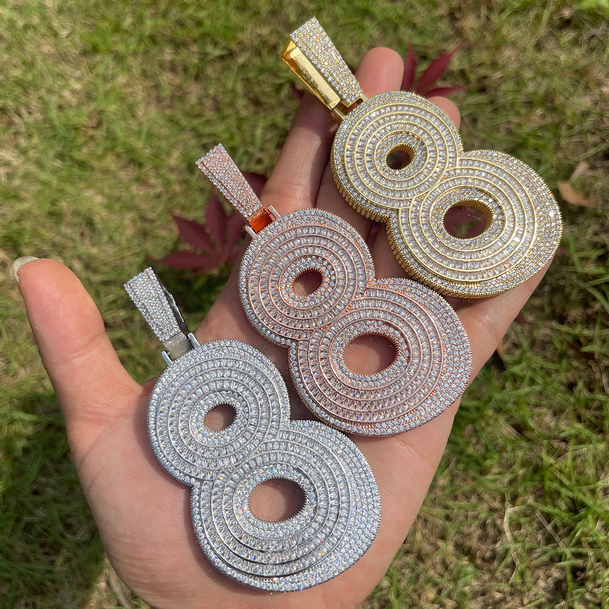 24k Gold Silver Rose Iced Painted Art Deco Offset Number 8 Hip Hop Pendant