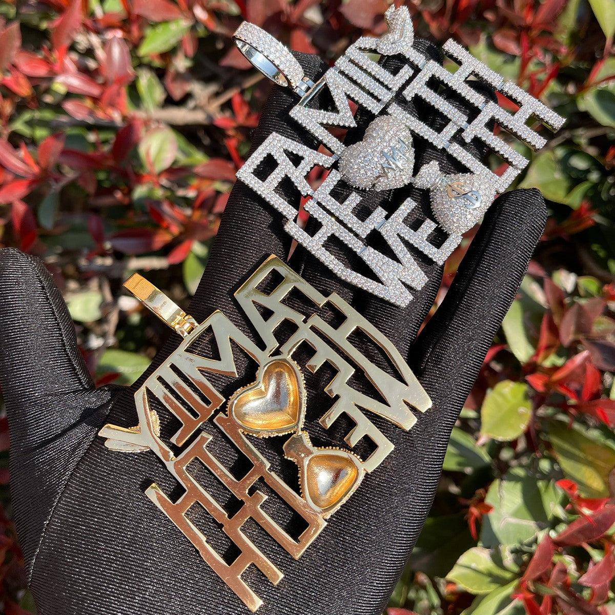 Family Health Wealth | Iced Blinged Out Money Bag Heart Hip Hop Pendant