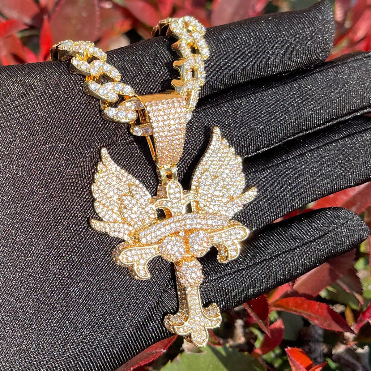 Fleur De Lis Flooded Ice Prong Set Winged Cross Hip Hop Chain Pendants