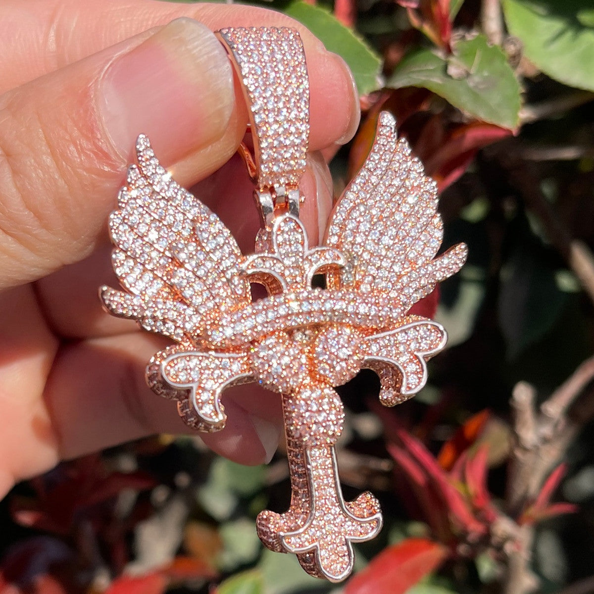 Fleur De Lis Flooded Ice Prong Set Winged Cross Hip Hop Chain Pendants